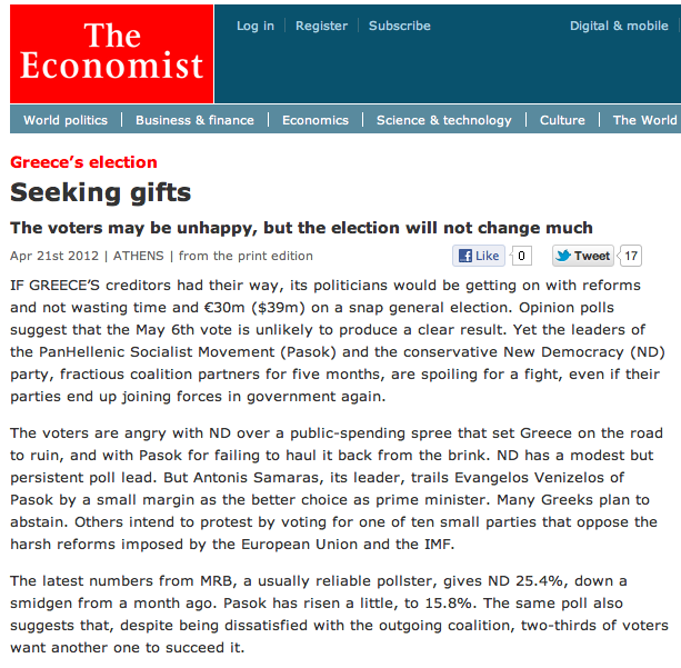 Το Economist για τις εκλογές