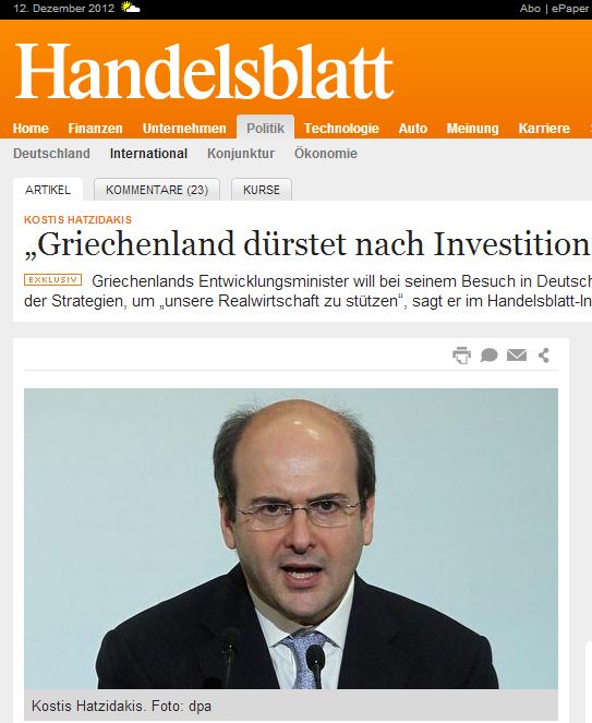 Ο Χατζηδάκης μίλησε στην Handelsblatt
