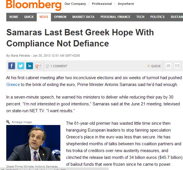 Bloomberg για Σαμαρά: Η τελευταία ελπίδα για την Ελλάδα