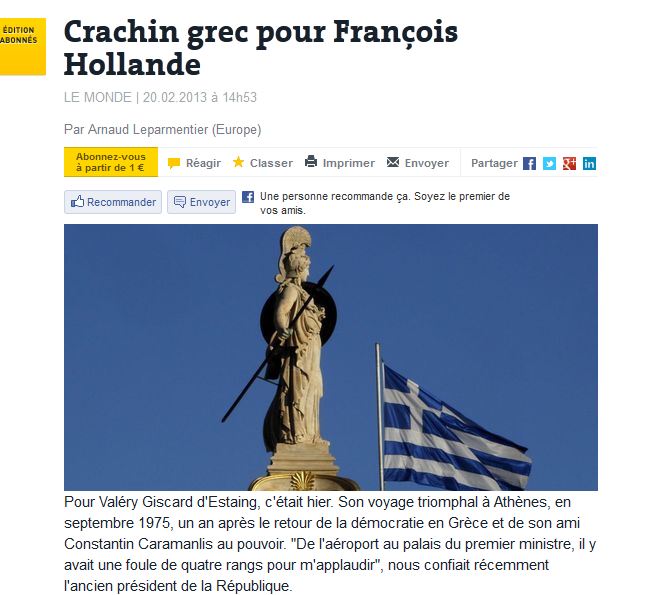 Le Monde:Ελληνικό ψιχάλισμα για Ολάντ