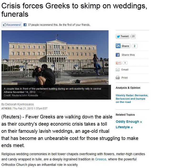 Reuters:Οι Έλληνες έκοψαν γάμους και… κηδείες