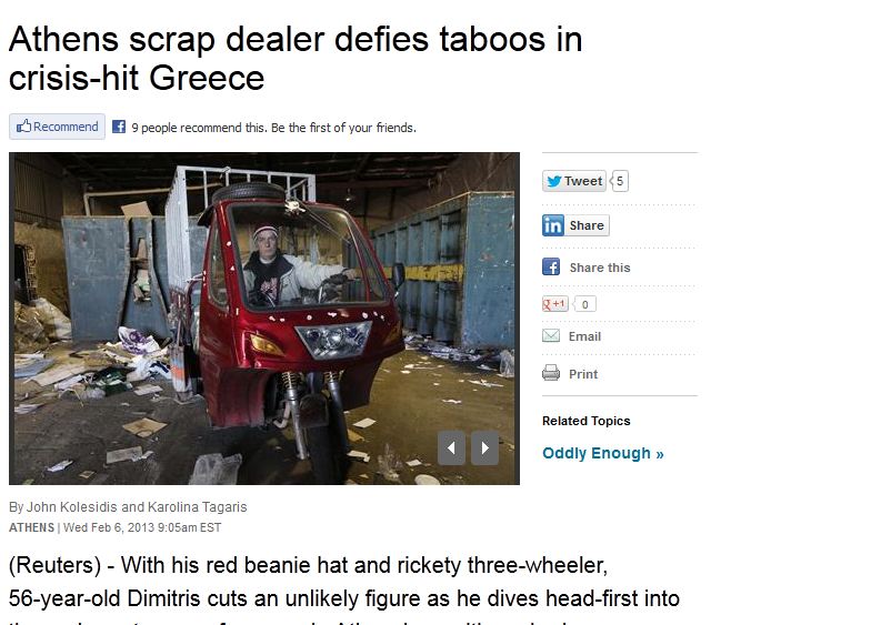 Reuters:Ο Έλληνας οικοδόμος που έγινε ρακοσυλλέκτης