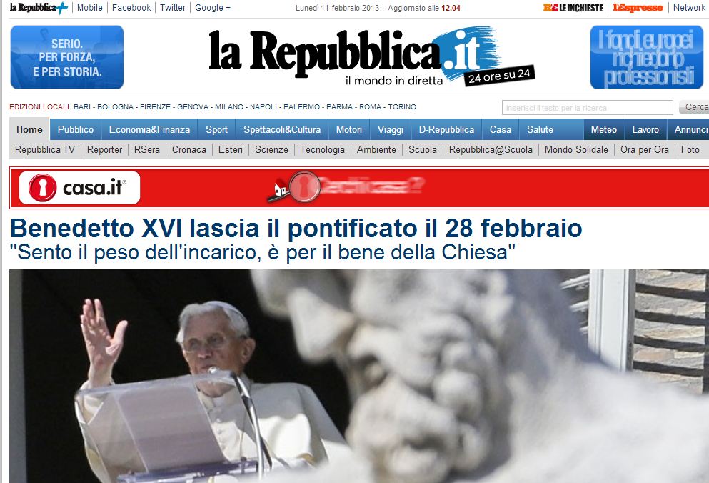 Ο Πάπας ανακοίνωσε στα λατινικά ότι παραιτείται