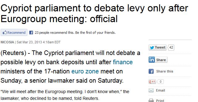 Reuters:Η κυπριακή βουλή δεν θα συνέλθει πριν το Eurogroup