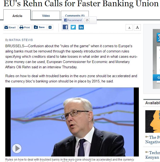 Όλι Ρεν:Ταχύτερη τραπεζική ένωση