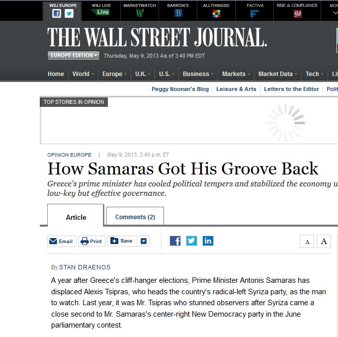 WSJ:”Πως ο Σαμαράς ανέκτησε το ρυθμό του”