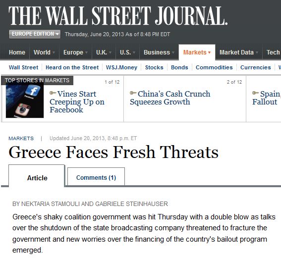 WSJ: Η Ελλάδα αντιμετωπίζει νέες απειλές