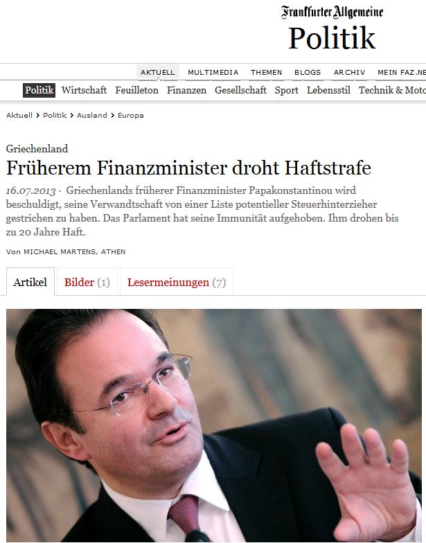 FAZ: “Αποδιοπομπαίος τράγος ο Παπακωνσταντίνου”