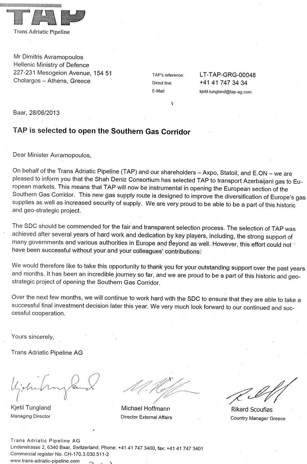 Ευχαριστήρια επιστολή της “TAP” στον Αβραμόπουλο