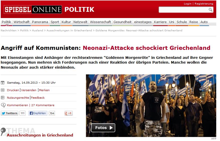 Spiegel: «Επίθεση νεοναζί σοκάρει την Ελλάδα»