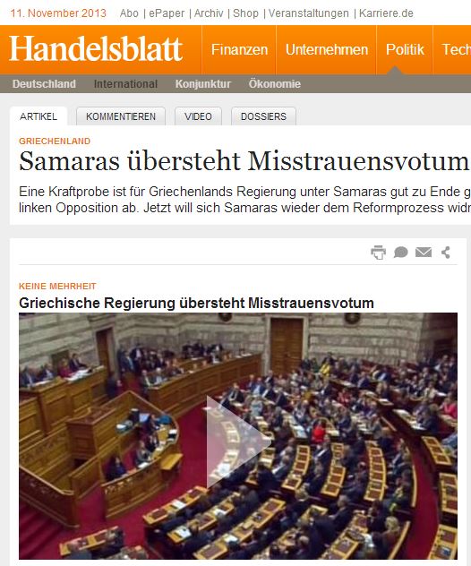 Handelsblatt: Ο Σαμαράς ξεπερνά την πρόταση δυσπιστίας