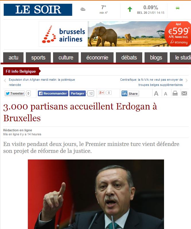 H “Le Soir” για την επίσκεψη Ερντογάν στις Βρυξέλλες