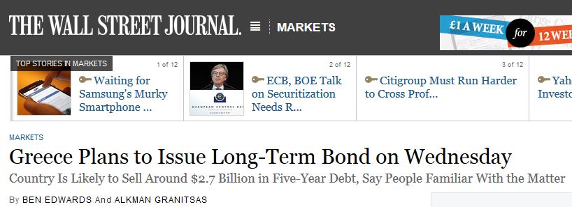 WSJ:Η Ελλάδα σήμερα στις αγορές