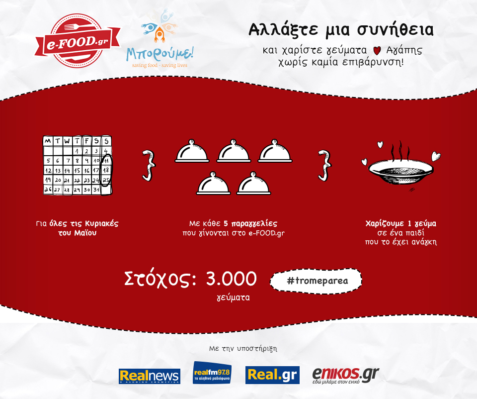 Παράγγειλε delivery online μεσω του e-FOOD.gr και χάρισε 1 γεύμα αγάπης