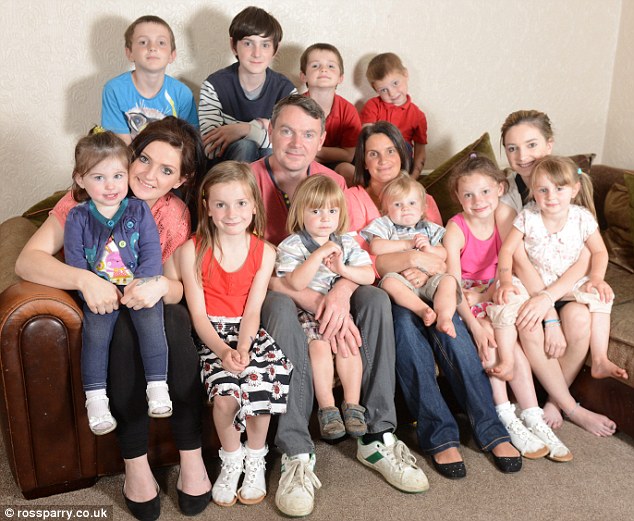 Nine sons and seven daughters: Sue and Noel Radford are parents to Chris, 25, Sophie, 20, Chloe, 18, Jack, 17, Daniel, 15, Luke, 13, Millie, 12, Katie, 11, James, ten, Ellie, nine, Aimee, eight, Josh, seven, Max, five Tilly, four, Oscar, two, and Casper, one (not all pictured). Sophie is also mother to Daisy, one (far left)
