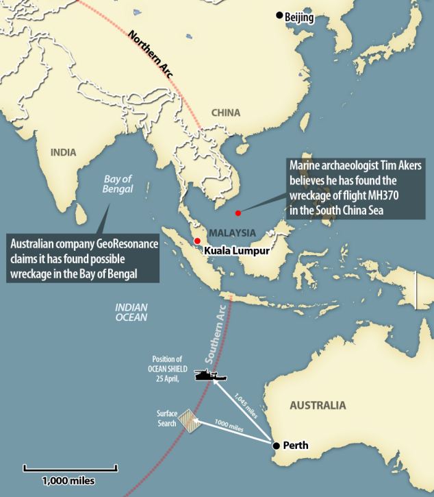 Mr Akers believes he spotted debris off the coast of Vietnam - thousands of miles from the official search area and where Australian company GeoResonance also claimed it had found possible wreckage in the Bay of Bengal this week