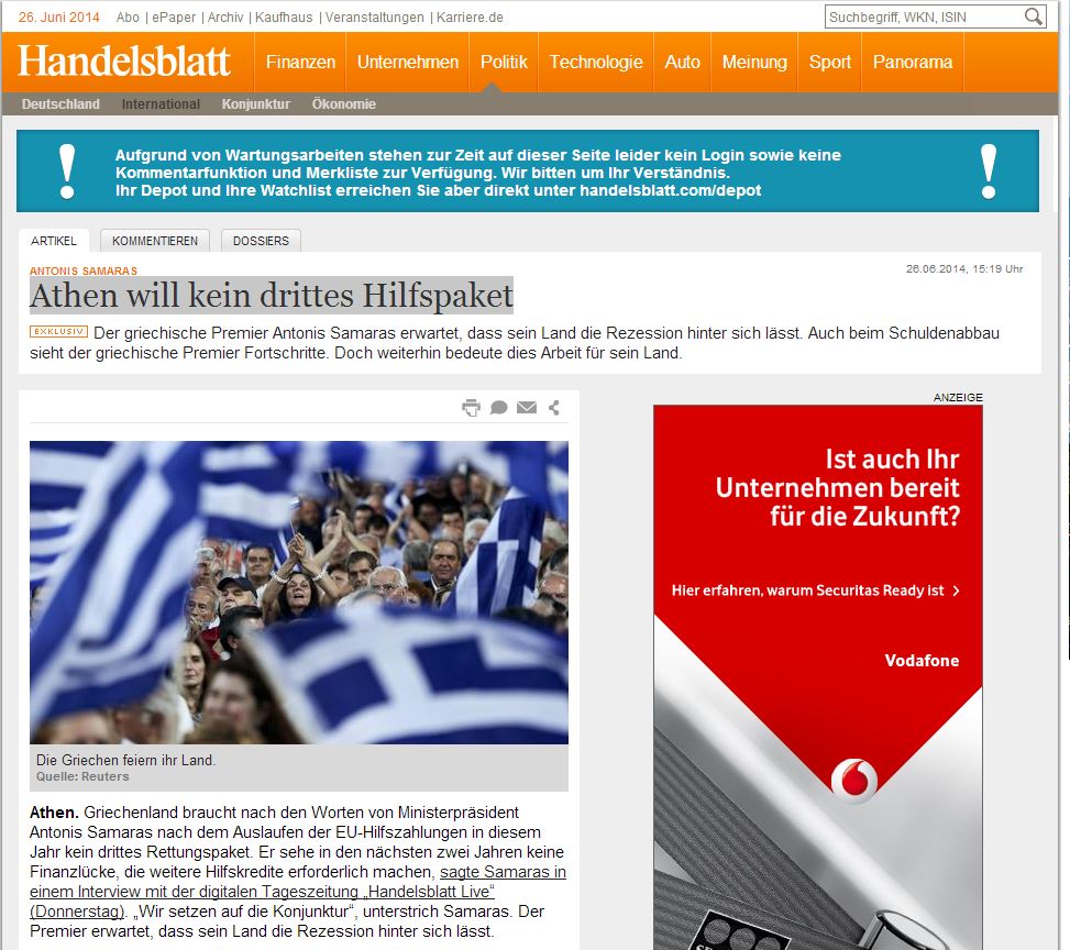 Σαμαράς: Η Αθήνα δεν θέλει τρίτο πακέτο βοήθειας