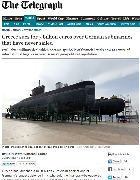 Telegraph: Η Ελλάδα διεκδικεί 7 δισ. ευρώ για τα υποβρύχια