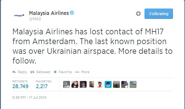Το μήνυμα της Malaysia Airlines στο Twitter