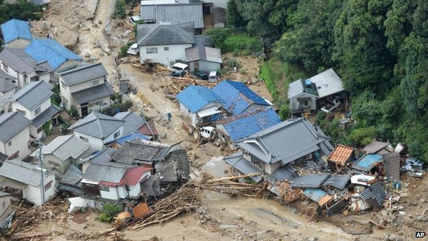 Houses heavily damaged after a massive landslide swept through residential areas in Hiroshima, western Japan, on 20 August 2014 