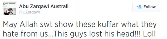 Khaled Sharrouf posted the photos on Twitter alongside captions such as 'this guy lost his head!!! Lol'