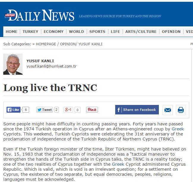 Προκλητικό δημοσίευμα της Hurriyet με τίτλο:”Ζήτω η Βόρεια Κύπρος”