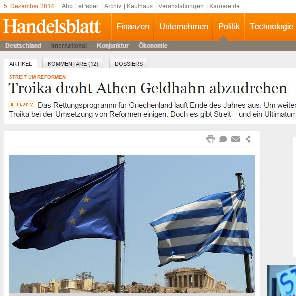 Handelsblatt: Η τρόικα απειλεί την Ελλάδα με διακοπή της χρηματοδότησης