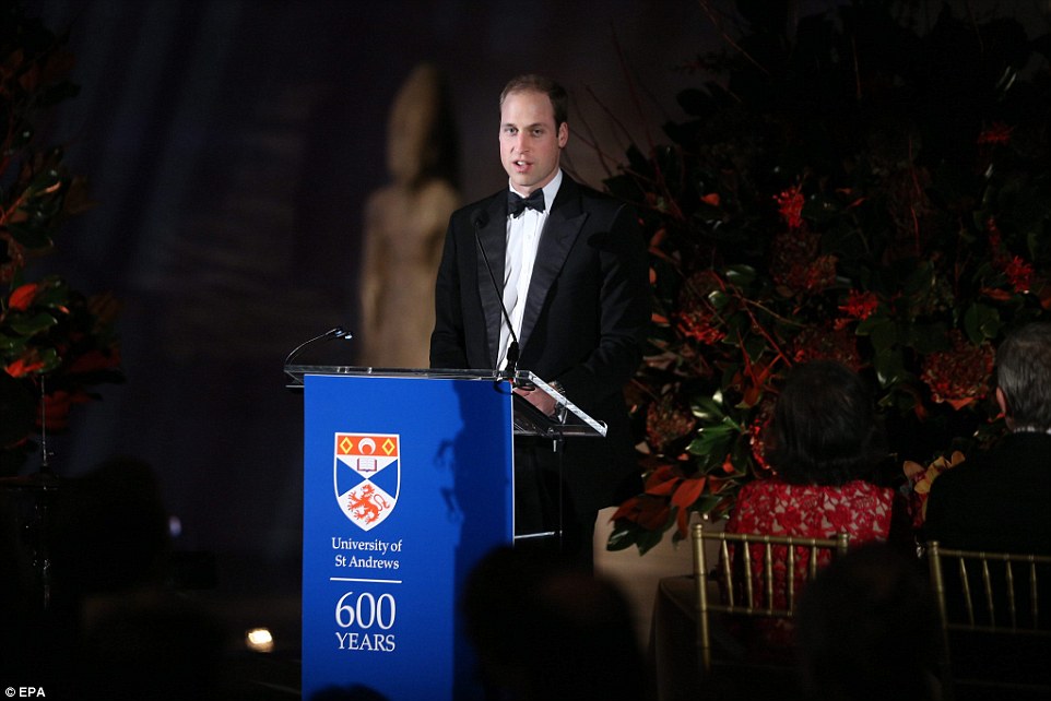 Speech: William is pictured speaking at the Metropolitan Museum of Art during the St Andrews 600th anniversary dinner in New York