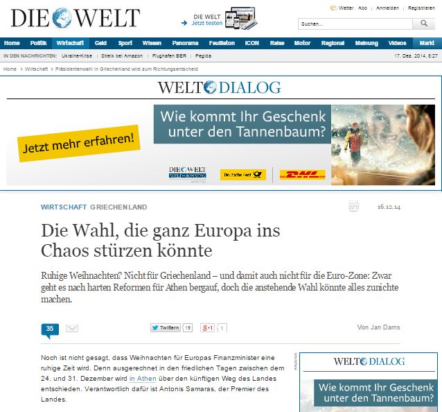 Die Welt: Αν βγει ο Τσίπρας… τέλος τα λεφτά