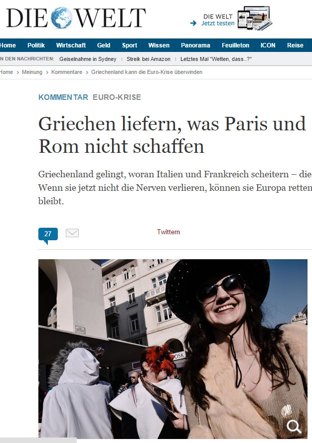 Die Welt: Οι Έλληνες μπορούν να σώσουν την Ευρώπη