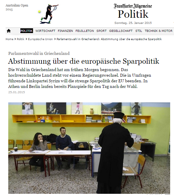 FAZ: Δημοψήφισμα για την πολιτική των περικοπών οι ελληνικές εκλογές