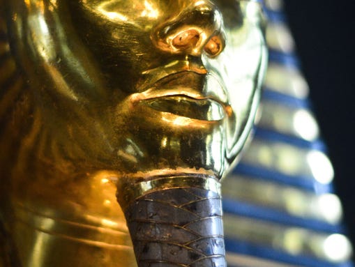 A close-up of the burial mask of Egyptian Pharaoh Tutankhamun
