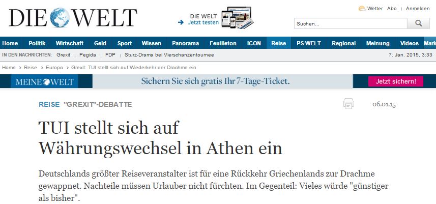 TUI: Ετοιμη σε ενδεχόμενη αλλαγή νομίσματος στην Ελλάδα