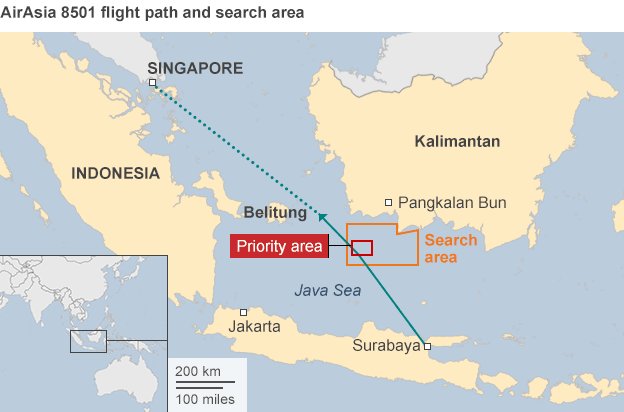 Map of AirAsia 8501 flight path and search area - 2 January 2015