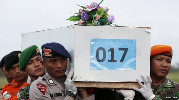 Caskets containing the remains of AirAsia QZ8501 passengers recovered from the sea are carried to a military transport plane to go to Surabaya 02/01/2015