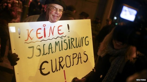 A man holds a sign reading "No to Islamisation of Europe!"