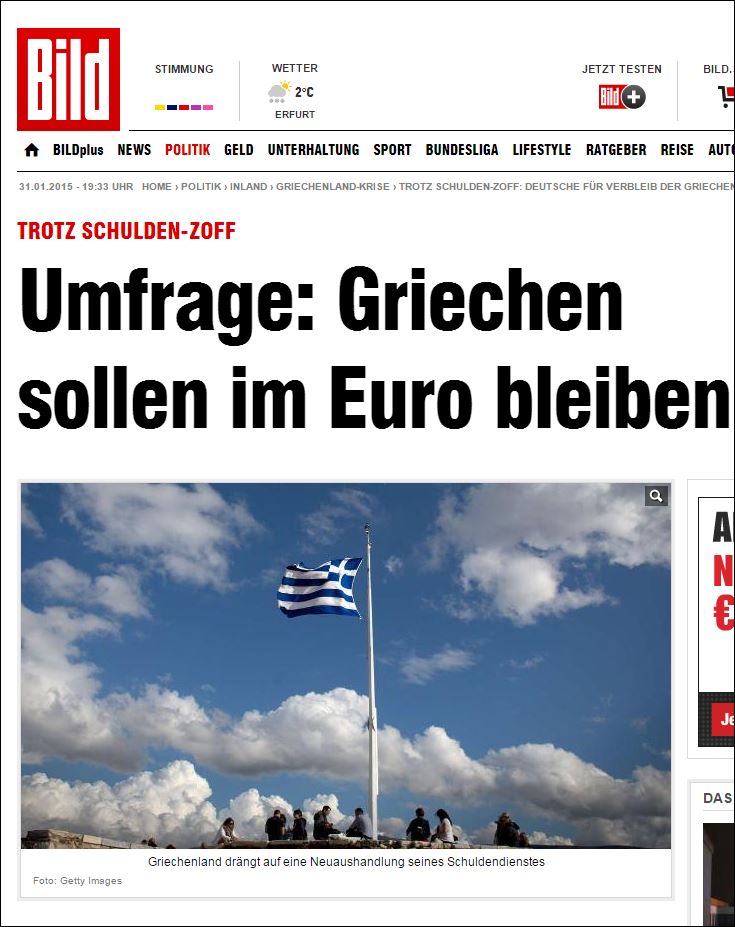 Δημοσκόπηση Bild: Το 62% των Γερμανών θέλει την Ελλάδα στο ευρώ