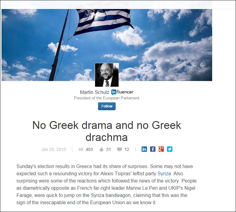 Ο Σουλτς δίνει συμβουλές στον Τσίπρα μέσω Linkedin