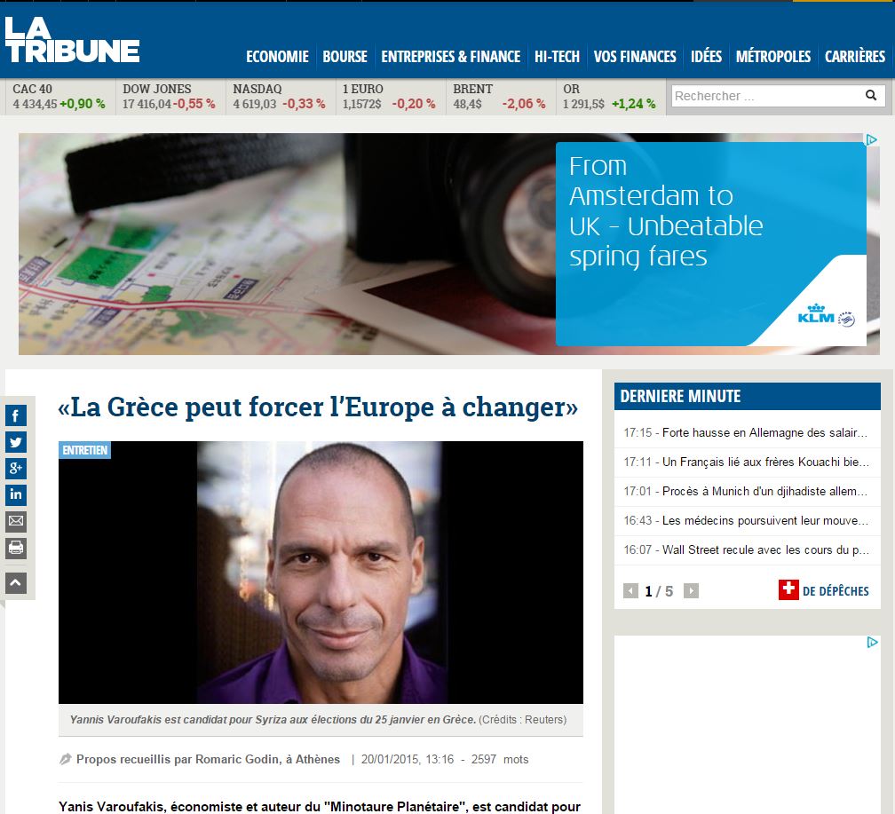 Ο Βαρουφάκης στη La Tribune : Η Ελλάδα μπορεί να υποχρεώσει την Ευρώπη να αλλάξει