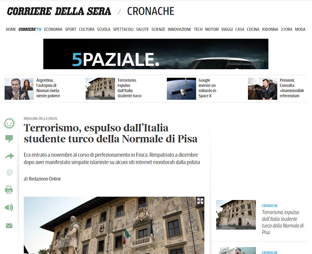 Η Ιταλία απέλασε Τούρκο φοιτητή για τζιχαντιστική προπαγάνδα μέσω Διαδικτύου