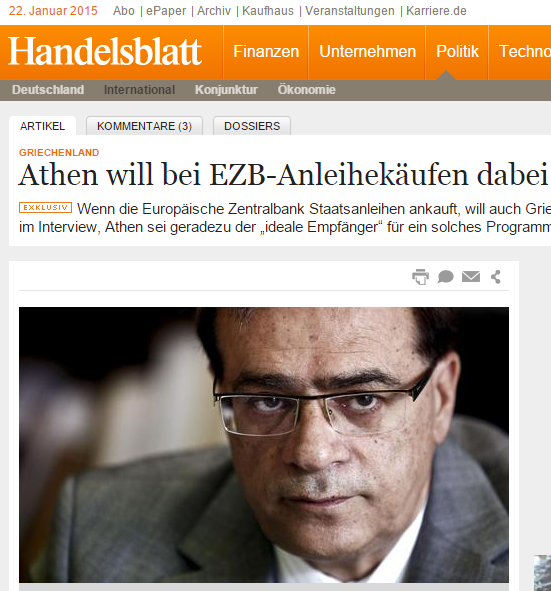 Χαρδούβελης στην Handelsblatt: Η Αθήνα θέλει να συμμετάσχει στο πρόγραμμα της ΕΚΤ