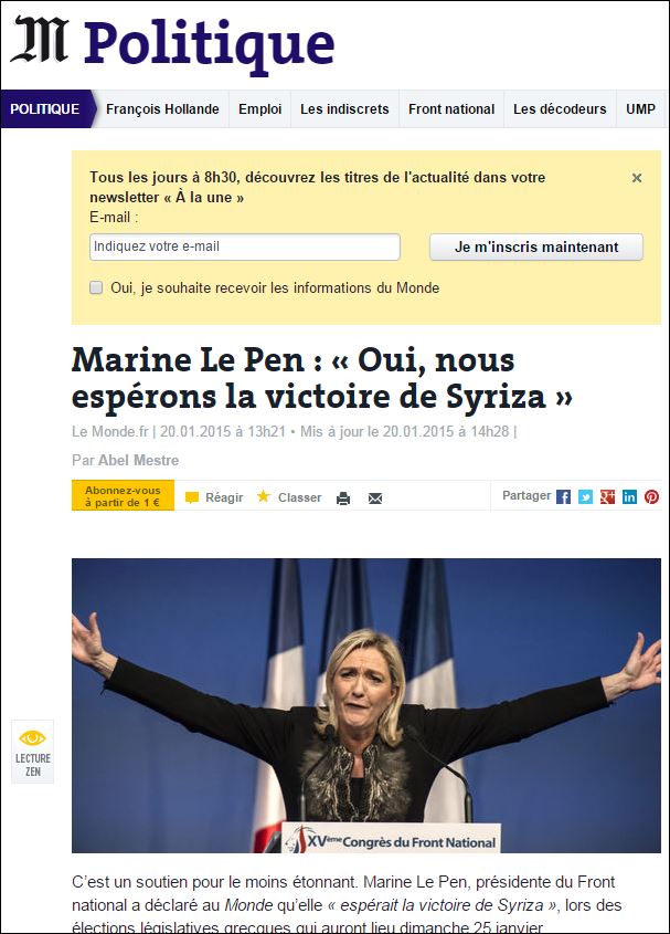 Λεπέν: Ελπίζουμε σε νίκη του ΣΥΡΙΖΑ