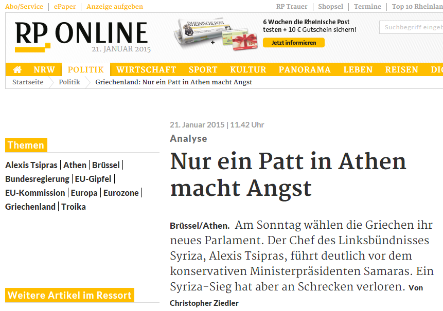 Rheinische Post: Μόνο η “ισοπαλία” προκαλεί φόβο στην Αθήνα