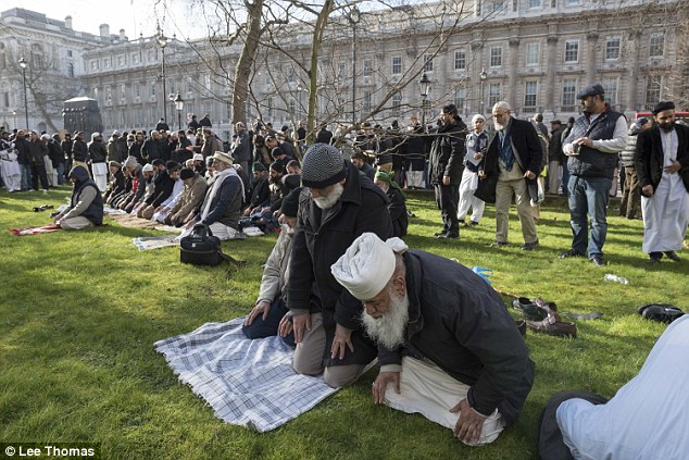 Thousands descended on Westminster for the protest, where Muslim speakers addressed the crowds