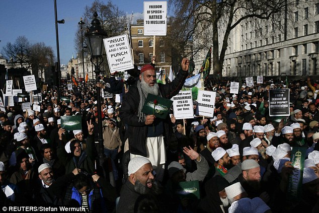 Muslims gathered for prayers and to hear speeches during the rally against Charlie Hebdo, which was attacked by terrorists last month, killing 12