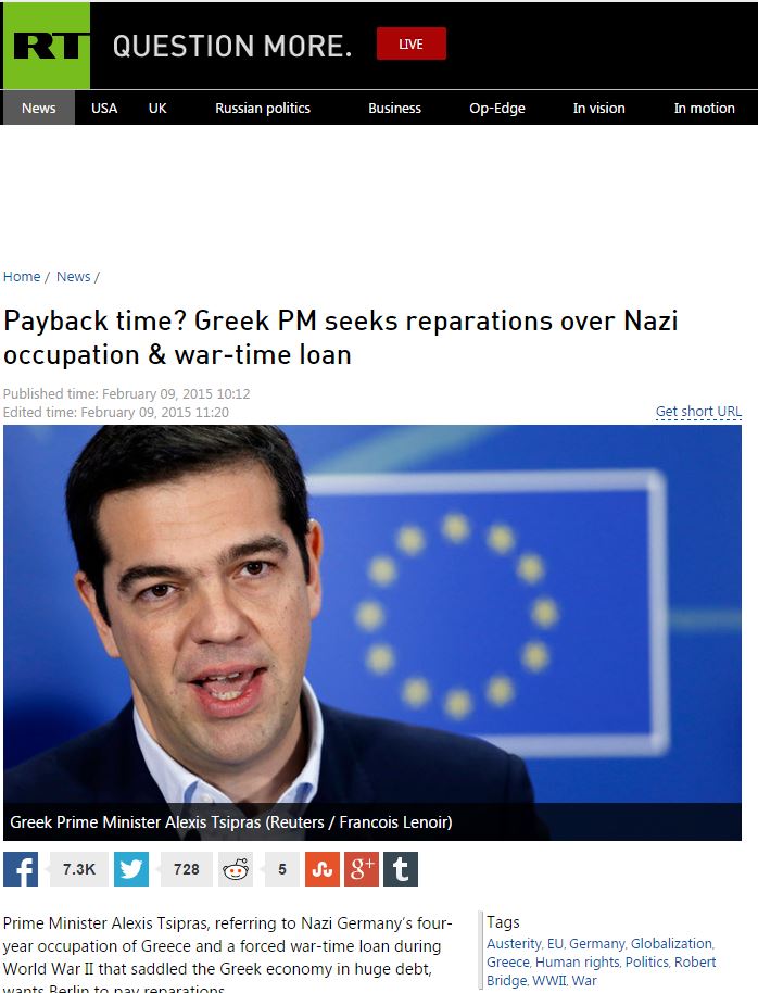 Το Russia Today για το κατοχικό δάνειο και τον Αλέξη Τσίπρα