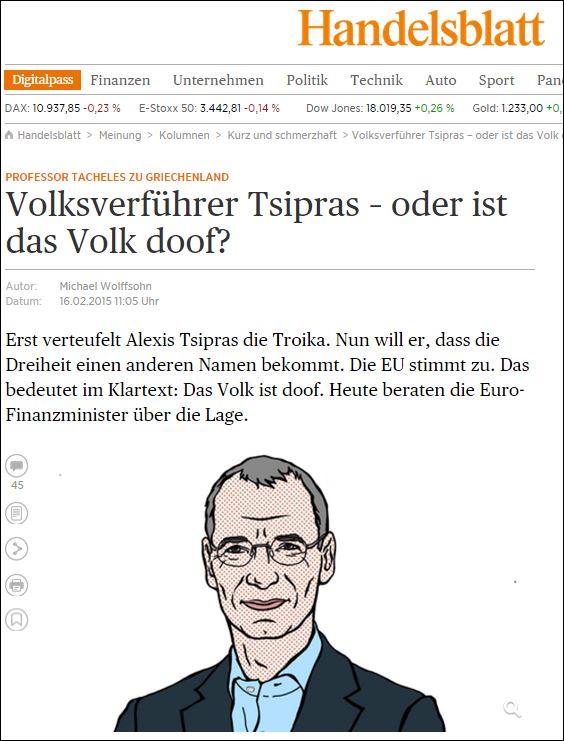 Πρόκληση από αρθρογράφο της Handelsblatt: Οι Έλληνες είναι ηλίθιοι