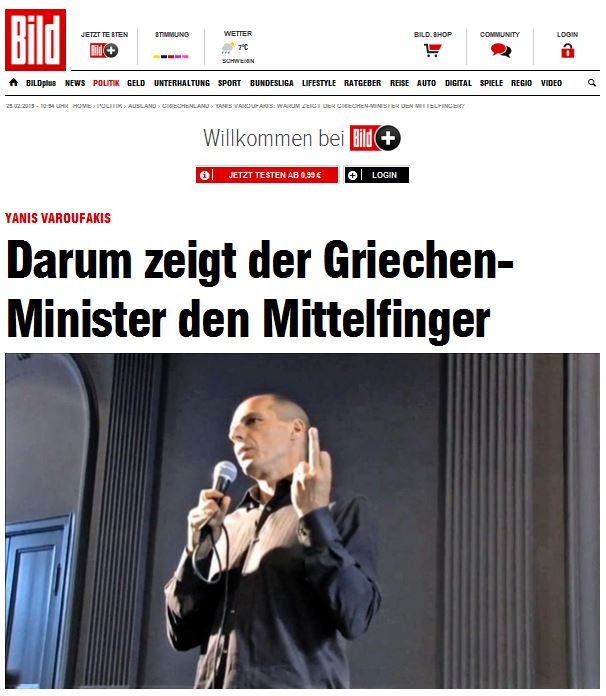 Bild: Ο Βαρουφάκης υψώνει το μεσαίο δάχτυλο στη Γερμανία
