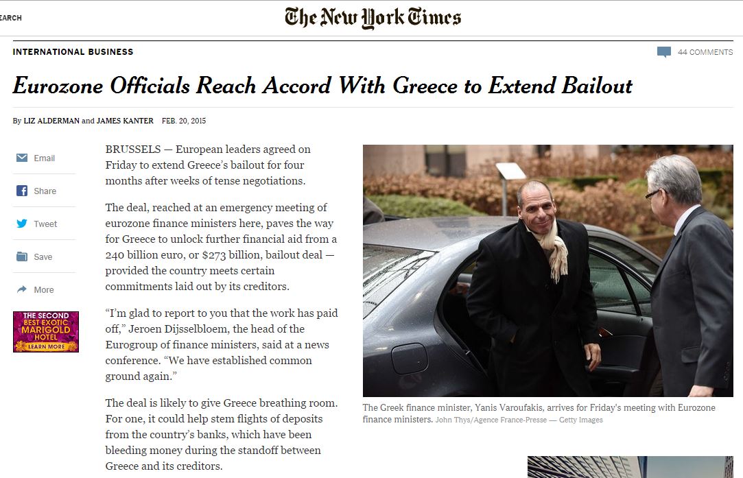New York Times: Συμφωνία παράτασης της δανειακής σύμβασης