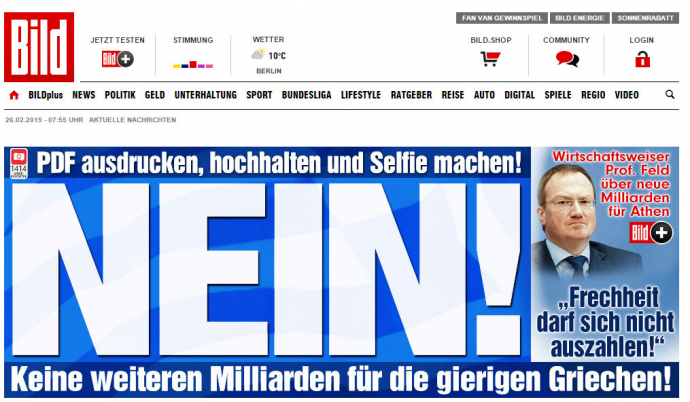 Bild: Όχι άλλα δισεκατομμύρια στους άπληστους Έλληνες